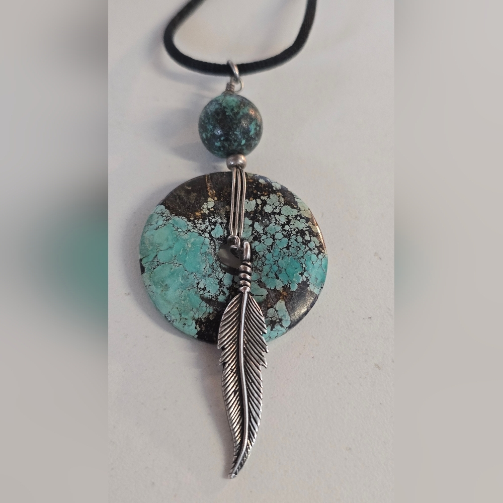 Turquoise And Silver Southwest Feather Pendant Necklace